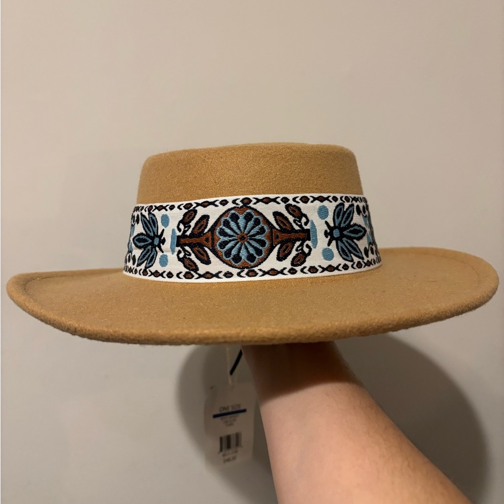 Wonderly Tan Hat with Blue and Brown Embroidery